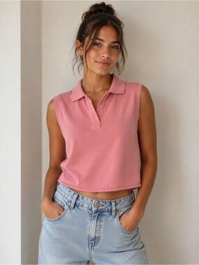Bershka Sleeveless Polo Crop Top in Rose Pink